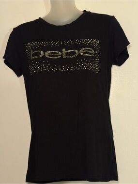 bebe Black Tee with Gold Stud Logo